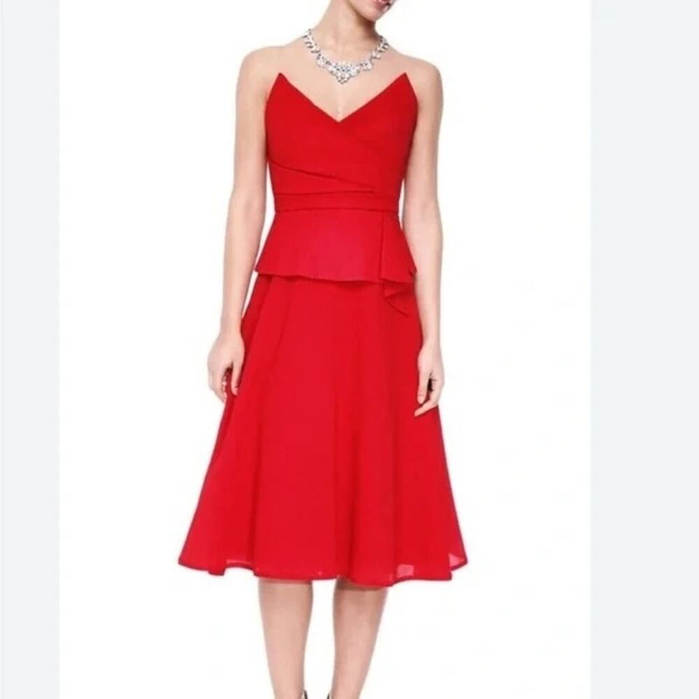 BCBG Tessa Tea Length Midi Gown Dress, Strapless Sweetheart, Red Crepe Peplum, 2